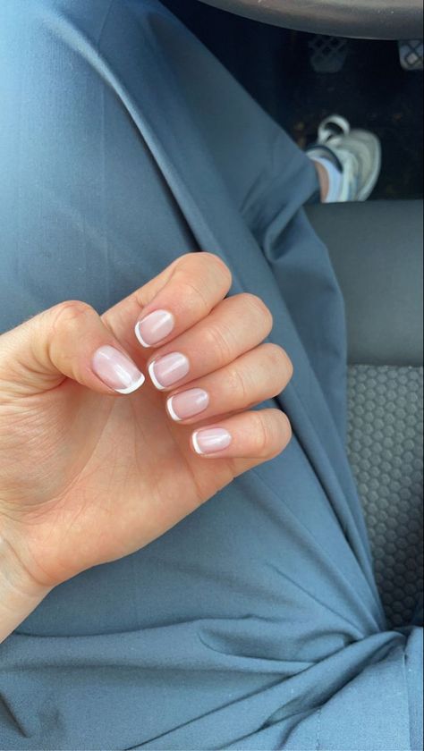 French tip nails French Nails Small Tip, French Tip On Regular Nails, Shellac Tips Nails, French Tip Normal Nails, Short French Biab Nails, Extra Short Nails French Tip, Simple Nails Shellac, Short Nail Shellac Ideas Simple, Short Gel Shellac Nails