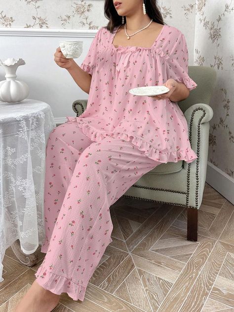 Shein CottageSlumber Women's Sleepwear Set With Small Rose Printed Square Collar And Bow TieI discovered amazing products on SHEIN.com, come check them out! Pink Pijama Aesthetic, Plus Size Pjs Pajamas For Women, Dollete Pajamas, Matching Pj Sets For Couples, Cute Pajamas Pink, Plus Size Pajamas Set, 1920s Pjs, Sleeping Outfits For Women, Girly Morning Routine