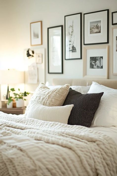 "Elevate your home with a gallery wall that’s uniquely yours! 🖼️✨ A great way to add personality and character to your space. 🌿✨ #GalleryInspiration #WallDecor #PersonalDesign" Collage Wall Over Bed, Framed Photos In Bedroom, Family Photos Above Bed, Picture Wall In Bedroom, Art Above King Bed, Photos Above Bed, Above Bed Pictures, Elegant Bedroom Design, Bedroom Photos