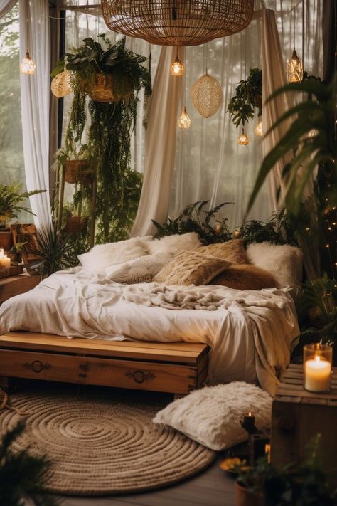 Spiritual Room Ideas Bedrooms, Bohemian Studio Apartment Ideas, Boho Lighting Ideas, Long Bedroom Ideas, Bohemian Interior Design Bedroom, Woods House, Boho Bedroom Decor Ideas, Bedroom Inspiration Cozy, Bedroom Revamp