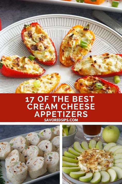 Cream cheese appetizers are always a hit. The creamy rich cheese spread can be combined with so many different flavors to make all kinds of addictively good appetizers, from stuffed peppers to hot dips and cheese balls. Simple Cream Cheese Appetizers, Easy Appetizers Cream Cheese, Things To Put Cream Cheese On, Snacks Made With Cream Cheese, Quick Snacks With Cream Cheese, Party Food With Cream Cheese, Stuff Sweet Peppers Cream Cheeses, Whipped Cream Cheese Appetizer, Cream Cheese Ideas Appetizers