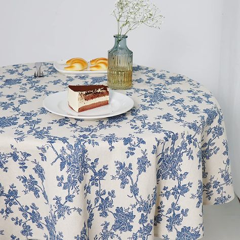 PRICES MAY VARY. PREMIUN FABRICS - This vintage tablecloth is made from high-quality 100% cotton linen, durable, reusable, soft skin-friendly, eco-friendly. ELEGANT DESIGN - Featuring simple yet retro print pattern on premium-quality cotton linen, its unique blue floral, with a touch of country style, makes it not only a tablecloth but also an eye-catching home décor. EASY TO CARE - It's easy care with Machine wash in cold water with a gentle detergent. Won't pilling and rip after washing. DO NO Outdoor Farmhouse Decor, Outdoor Farmhouse, Table Farmhouse, Long Dining Table, Lace Table Runners, Mantel Redondo, Floral Tablecloth, Farmhouse Decoration, Lace Table