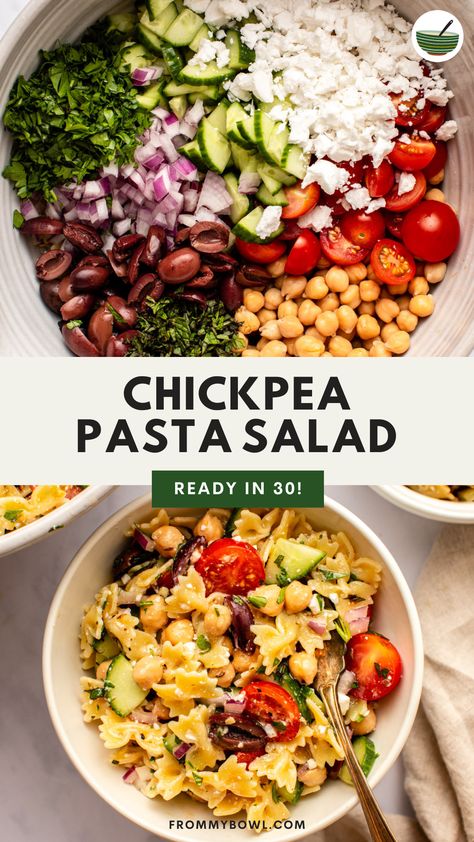 This Chickpea Pasta Salad is filled with vibrant Mediterranean flavors including fresh tomatoes, herbs, briny kalamata olives, and creamy chickpeas. Mediterranean Chickpea Pasta Salad, Asian Chickpea Salad, Chickpea Pasta Salad Recipes, Chickpea Pasta Salad, Artichoke Pasta Salad, Vegetarian Main Meals, Arugula Pasta, Mediterranean Chickpea, Mediterranean Pasta Salads