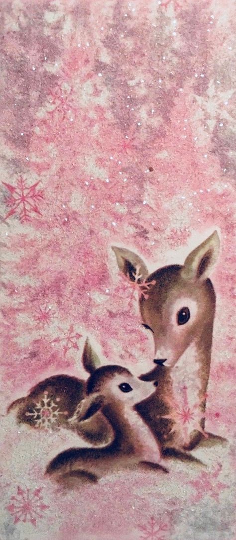 #retrochristmas, 60's Christmas card, #midcenturymodern, #christmas, pink deer, Mom & baby deer Vintage Christmas Desktop Wallpaper, Vintage Pink Christmas Images, Drippy Paintings, Coquette Christmas Wallpaper, Vintage Christmas Background, Widget Themes, Mod Christmas, Reindeer Christmas Gift, Animal Wallpapers