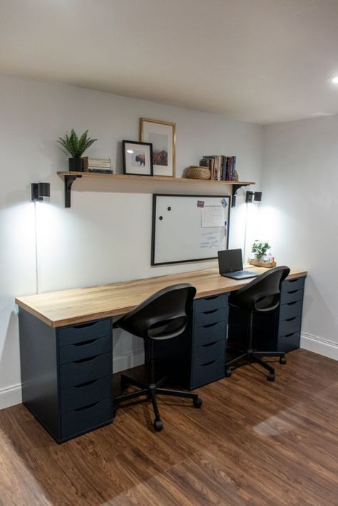 DIY Desk Top for a Home Office - Shades of Blue Interiors Diy Office Desk For Two, Home Office Double Desk Ideas, Home Office Diy Desk, Crafting Office Space, Office With A Window, Multiple Desk Home Office, Long Wall Desk Diy Home Office, Ikea Office Makeover, Wooden Desk Metal Frame