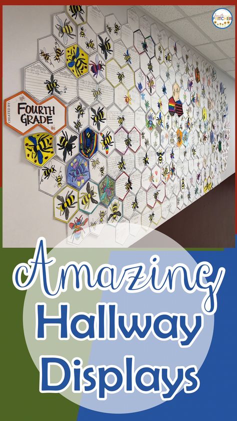 Grade Level Art Project, Class Art Bulletin Board, Lobby Bulletin Board Ideas, Class Hallway Work Displays, Work Display Bulletin Boards Hallways, Bulletin Board Hallway, Interactive Art Bulletin Boards, Grade 5 Classroom Decoration, First Grade Hallway Display