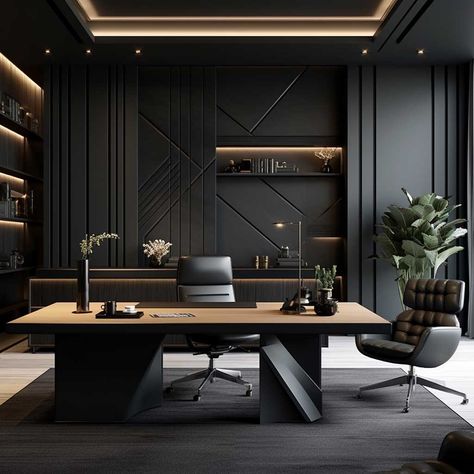 Dark Home Office Ideas, Dark Academia Aesthetic Office, Office With 2 Desks, Home Office Design For Men, Black Wall Paneling, Dark Office Aesthetic, Panelling Walls, Modern Exterior House Colors, Rustic Office Design