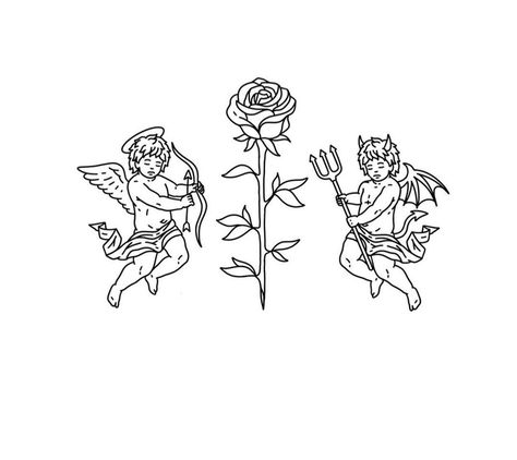 Evil Cupid Tattoo, Evil Cherub Tattoo, Rose Underboob Tattoo, Cherub Tattoo Designs, Small Black Tattoos, Traditional Tattoo Outline, Angel Devil Tattoo, Cupid Tattoo, Illusion Tattoos