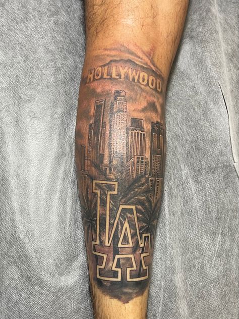 Los Angeles Tattoos Women, Hometown Tattoo Sleeve, La Themed Tattoo, La Buildings Tattoo, L A Tattoo Los Angeles, Hollywood Tattoo Design, California Sleeve Tattoo, Los Angeles Inspired Tattoos, Los Angeles Tattoo Design