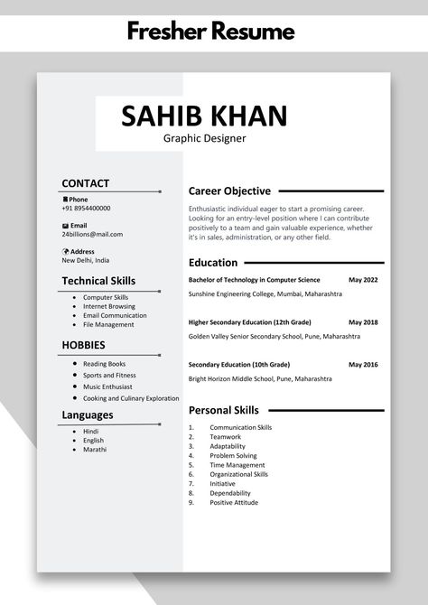 Fresher Resume Template | Fresher Resume Template Word/pdf Best Resume Format For Freshers In India, Fresher Resume Format, Resume Templates For Freshers, Professional Resume Format For Freshers, Cv Format For Freshers, Best Resume Format For Freshers, Resume Template For Freshers, Resume For Freshers, Resume Design Inspiration