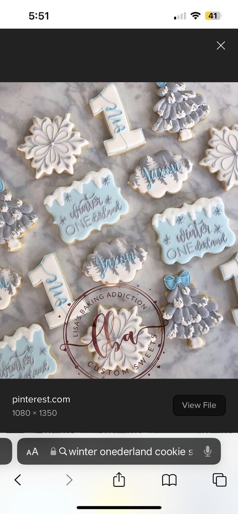 Winter Onederland Desserts, Winter Onederland Cookies Boy, Winter Onederland Cookies, Onederland Cookies, Winter Onderland Birthday, Cookie Themes, Specialty Cookies, First Birthday Winter, First Birthday Cookies