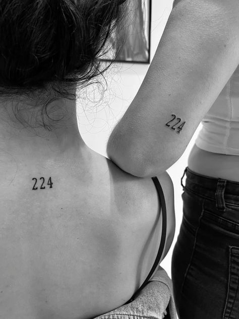 Matching Tattoos With Your Sister, Matching Tats With Sister, 224 Matching Tattoo, Tiny Sister Tattoos For 2, Tattoos For Two People, Matching Tattoo Sisters, Tattoo For 3 Sisters, 224 Tattoo Design, Tattoo With Sister