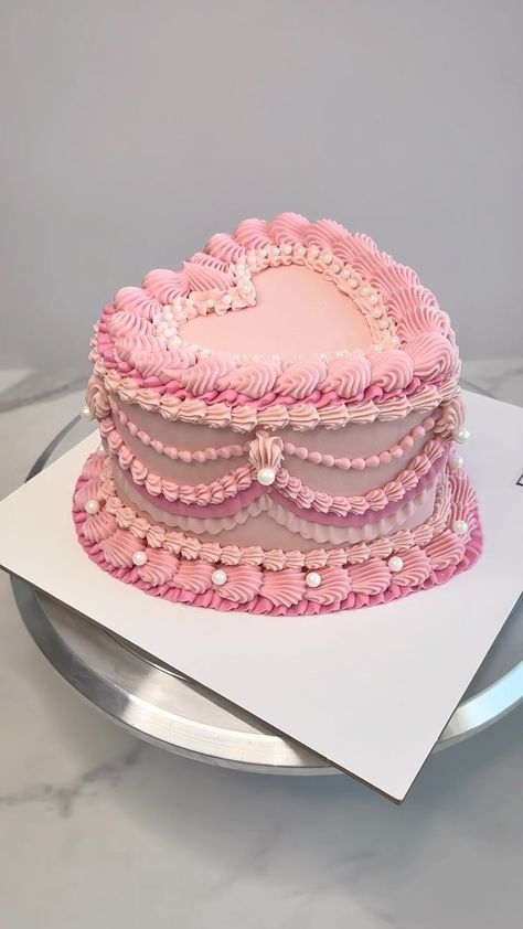 Flour and Flair | I’ll never get tired of pink cakes 💖                                          #buttercreamcake #vintagecakedesign  #vintagecakes… | Instagram Vintage Frilly Cakes, Pink Heart Shaped Vintage Cake, Fancy Heart Cake, All Pink Cake, Cute Cakes Birthday, Heart Pink Cake, Cute Bday Cakes, Pink Heart Birthday Cake, Pink Bday Cake