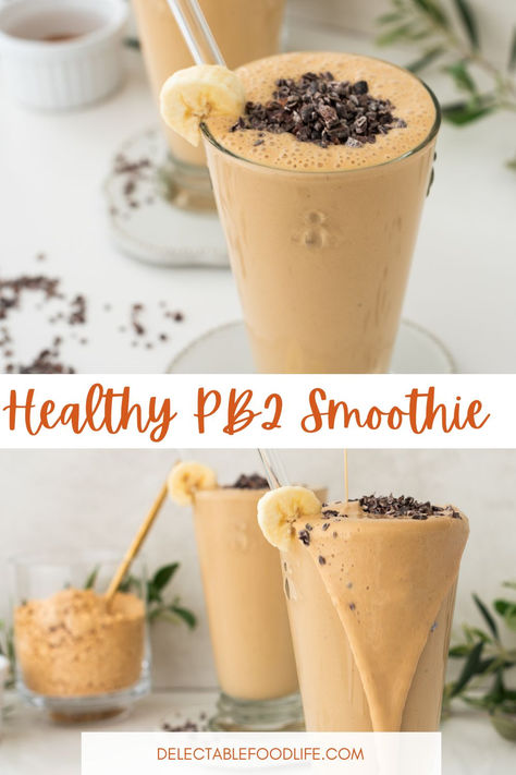 Peanut Butter PB2 Powder Smoothie with jar of PB2 Powder Healthy Pb2 Smoothie, Pb And Banana Smoothie, Greek Yogurt Peanut Butter Smoothie, Banana Protein Smoothie Recipe, Pb2 Smoothie Healthy, Healthy Peanut Butter Milkshake, Healthy Pb Fit Recipes, Pb 2 Smoothie, Powder Peanut Butter Smoothie