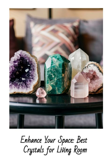 Collection of various crystals on a table in a living room. Crystals For The Living Room, Crystals For Living Room, Crystals Bathroom, Crystal Setup, Decorating With Crystals, Spiritual Living Room, Healing Room Decor, Crystal Room Decor, Rose Quartz Properties