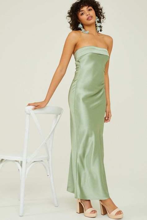 Paityn Strapless Maxi in Sage | Altar'd State Eucalyptus Dress Color, Turquoise Satin Bridesmaid Dresses, Sage Green Tea Dress, Light Green Satin Bridesmaid Dress, Sage Green Strapless Prom Dress, Tuscan Wedding Dress Guest, Bridesmaid Dresses Pastel Green, Light Green Bridesmaids Dresses, Pastel Green Bridesmaid Dresses