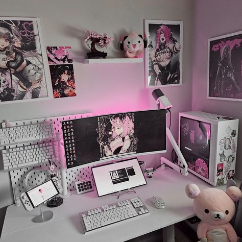 𝖘𝖊𝖙𝖚𝖕 𝖚𝖕𝖉𝖆𝖙𝖊 - for october 🖤🌸 I finally got a shelf above my pc for some stuff to go up there! And for once, I am motivated to push content out since work is slowing down >< do you like the pink, white, & black? #pink #kpop #rilakuma #anime #logitechg #pastelpink #gamingsetup #pinkaesthetics #otaku #pinkgaming #nintendoswitch #overwatch2 Black And Pink Gamer Setup, Pink And Black Pc Setup, Azey Cosplay, Pink Pc Setup, Black Aesthetic Room, Pink Desk Setup, Otaku Aesthetic, Girly Games, Pc Ideas