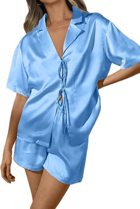 CHYRII Women's Silk Satin Pajamas Sets Tie Front Short Sleeve Tops and Shorts Two Piece Pj Sets Sleepwear Blue XXL at Amazon Women’s Clothing store Satin Short Sleeve, Bridal Pajamas, Tops And Shorts, Bridesmaid Pyjamas, Pajamas Sets, Satin Short, Front Tie Shirt, Satin Pyjama Set, Short Sleeve Tops