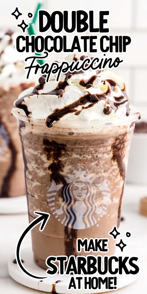 Our copycat double chocolate chip frappuccino is the ultimate creamy, refreshing, and decadent drink to make at home. Copycat Starbucks Double Chocolate Chip Frappuccino, Double Chocolate Frappuccino, How To Make Double Chocolate Chip Frappe, How To Make A Double Chocolate Chip Frap, Starbucks Frappuccino Recipe No Coffee, Starbucks Recipes Chocolate Chip Frap, Double Chocolate Chip Frappuccino Recipe, Mocha Chip Frappuccino, Double Chocolate Chip Creme Frappuccino