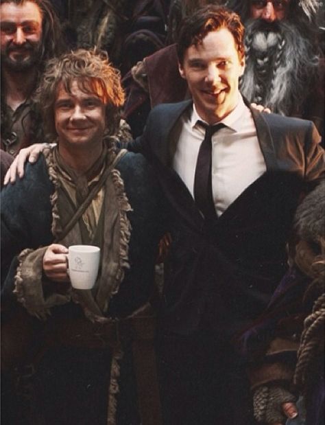 Benedict Cumberbatch and Martin Freeman on the set of The Hobbit. This is so great. John Lock, Lara Pulver, Amanda Abbington, Benedict And Martin, Mrs Hudson, Into The West, Desolation Of Smaug, Benedict Cumberbatch Sherlock, Movie Guide