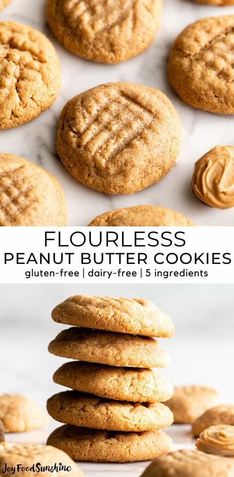 These Flourless Peanut Butter Cookies are easy to make with 4 ingredients in 15 minutes! These gluten-free peanut butter cookies are so good no one can tell they're made without flour or butter! Gluten-free and dairy-free! Healthy Peanut Butter Cookies, Butter Cookies Easy, Gluten Free Peanut Butter Cookies, Flourless Peanut Butter Cookies, Dairy Free Cookies, Easy Gluten Free Desserts, Easy Peanut Butter Cookies, Gluten Free Cookie Recipes, Gluten Free Peanut Butter