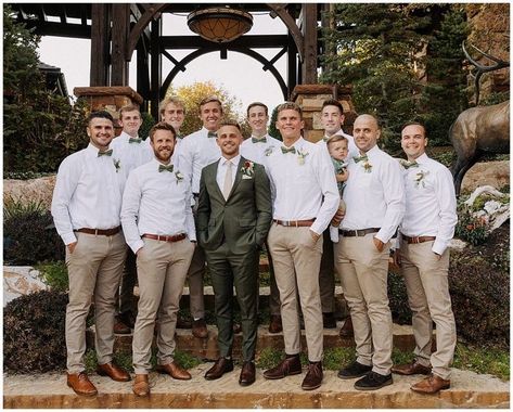 Grey And Beige Groomsmen, Groomsmen Attire Inspiration, Trending Groomsmen Attire, Groomsmen Attire Backyard Wedding, Earth Tones Groomsmen Attire, Men Wedding Party Outfit, Non Suit Groomsmen Attire, Olive Green And Tan Groomsmen, Fall Outdoor Wedding Groom Attire