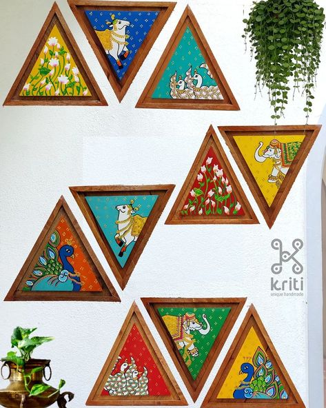 Our new combination of plaques!! This is going to be a set of 20 triangular plaques for a clients wall space. So excited, and thanks to… | Instagram Indian Diy Crafts, Jharoka Wall Decor, Diy Wall Decor Painting, Wall Frames Ideas, Triangle Wall Decor, Frames For Wall Decor, Wall Decor Design Ideas, Decoration For Wall, Set Of Paintings