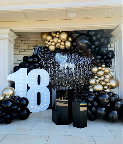 Ballon Design For Birthday, Backdrop For Parties, Black Decoration For Birthday, Black Shimmer Wall With Balloons, 18th Birthday Party Ideas Man, Black And Gold Party Backdrops, Gold And Black 18th Birthday Party, 18birthday Decorations, 18th Birthday Party Color Schemes