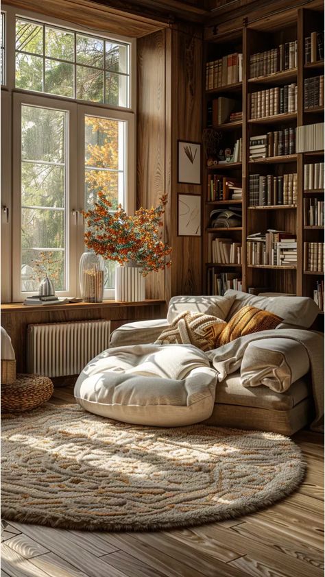 Home Library Cottage, Cozy Cabin Library, Bedrooms With Library, Cozy Cottage Library, Cottage Home Library, Cozy House Library, Reading Room Inspiration, Library Lounge Room, Spare Room Inspiration