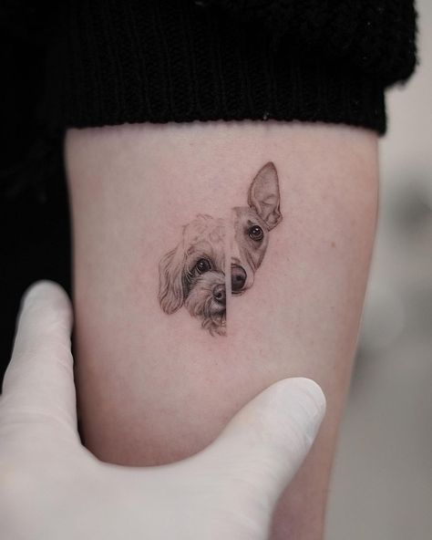 Double Dog Tattoo, Two Dogs Together Tattoo, Tattoo Ideas For Pet Dog, Cute Pet Tattoos Dogs, 2 Dogs Tattoo Ideas, Tattoo For Two Dogs, Tattoos Of Pets, Tattoo Ideas Of Dogs, Half Dog Face Tattoo