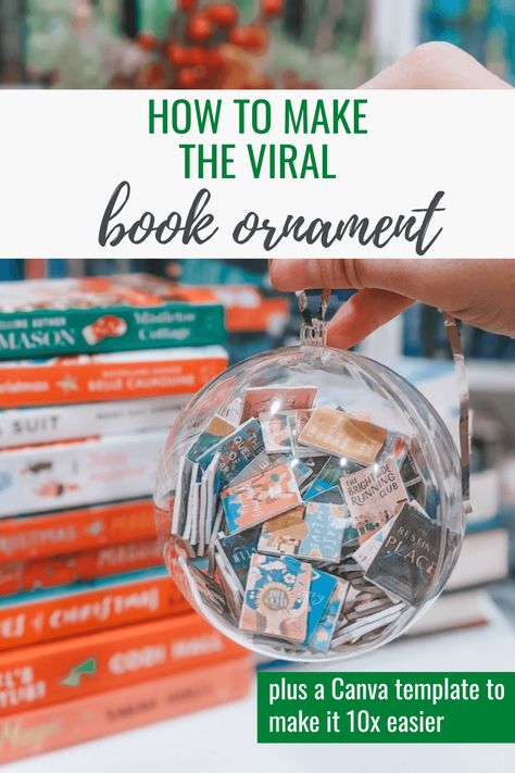 Christmas Decor Ideas In Library, Book Cover Ornaments Diy, Free Book Library Diy, Year Of Books Ornament, Mini Books Ornament, Library Gift Ideas, Miniature Book Ornaments, Book Lover Ornament Diy, Book Diy Ornaments