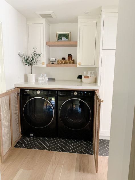 A Hidden Hallway Laundry Nook - Gather House Hall Laundry, Laundry Bathroom Combo, Cane Cabinet, Laundry Nook, Hidden Laundry, Older Homes, Nooks And Crannies, Laundry Room Closet, Laundry Room Renovation