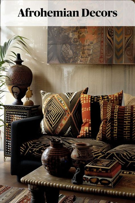 Incorporating global prints into your home décor can bring an eclectic and lively atmosphere that reflects the rich cultural tapestry of the world Afrobohemian Home Decor, African Home Design, Afrohemian Style, Afro Bohemian Style Decor, Afrohemian Decor, Modern Outdoor Seating Area, African Decor Living Room, Den Remodel, Quranic Arabic