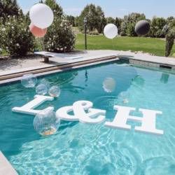 Pool Decorations For Engagement Party, Pool Decor For Engagement Party, Floating Initials In Pool, Engagement Pool Party Decorations, Pool Floaters For Wedding, Backyard Pool Engagement Party, Large Letters For Party, Wedding Party Decorations Outdoor, Pool Side Engagement Decor