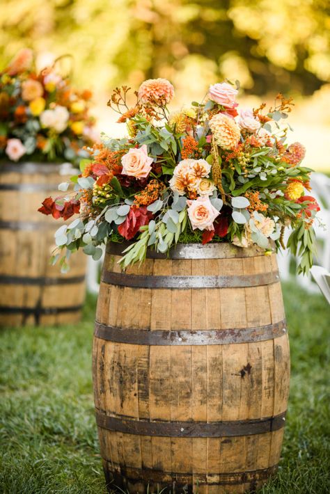 Florals by Ruffled Willow Whiskey barrel rented through The Silo Barrels For Wedding, Whiskey Barrel Flowers, Wine Barrel Wedding Decor, Whiskey Barrel Decor, Barrel Wedding Decor, Wine Barrel Wedding, Fall Country Wedding, Barrel Flowers, Whiskey Barrel Wedding