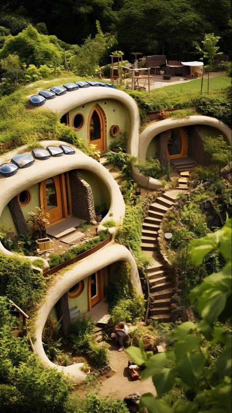 Imagined with Midjourney Cob House Exterior Natural Building, Tiny Cob House, Cobb Houses Exterior, Earthship Home Interior, Modern Hobbit House, Earth Ship Homes Plans, Solar Punk House, Cob House Exterior, Earthship Community