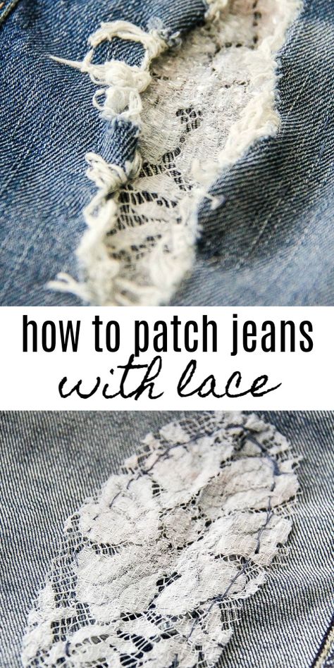 Jean Embellishment Ideas, How To Add Fabric To Jeans, Jeans Laces Hack, Jean Makeover Diy, Jeans Holes Repair Ideas, Lace Patches For Jeans Diy, Fixing Jeans With Holes, How To Fix A Rip In Jeans, Jean Hole Patch Ideas