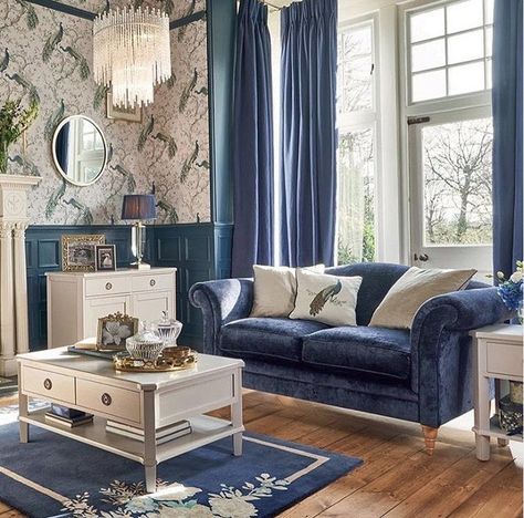 Laura Ashley USA on Instagram: “The elegant peacock adorned Belvedere Midnight Wallpaper is a beautiful touch to any interior. So luxe and inviting!” Laura Ashley Living Room, Laura Ashley Wallpaper, Laura Ashley Home, Interior Design Advice, Blue Rooms, Traditional Living Room, Childrens Room Decor, Large Table, Wallpaper Living Room