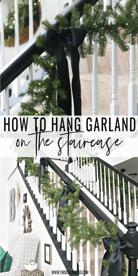 How to Hang Garland on the Staircase // This is our Bliss Garland On Stairwell, Garland Stair Railing, Modern Staircase Christmas Decor, Christmas Bannisters Ideas, Decorating Stair Railing For Christmas, Decorating Stairway For Christmas, Garland For Stairs Christmas, Decorating A Banister For Christmas, Garland Wrapped Staircase