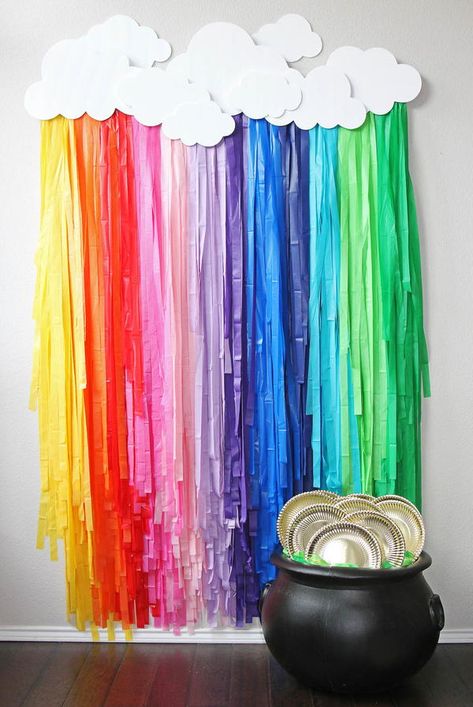 If you're looking for a place to post up and take selfies for St. Patrick's Day, you're in luck. This DIY rainbow fringe will create the perfect photo booth backdrop for this lucky holiday. With a few inexpensive supplies and some patience, you'll have a rainbow fringe in no time. Pair it with a pot of gold and gather all your lucky friends and family. The colorful backdrop is the best way to make memories this St. Paddy's Day! Diy Rainbow Decorations, Rainbow Fringe, Rainbow Themed Birthday Party, Rainbow Backdrop, Rainbow Diy, Fringe Backdrops, Diy Rainbow, Rainbow Room, St Patrick's Day Decorations