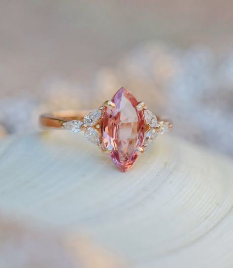 Marquise Engagement Ring Rose Gold, Sustainable Backyard, Marquise Engagement Ring Gold, Padparadscha Sapphire Ring, Wedding Rin, Peach Sapphire Rings, Marquise Sapphire, Marquise Engagement Ring, Engagement Ring Marquise