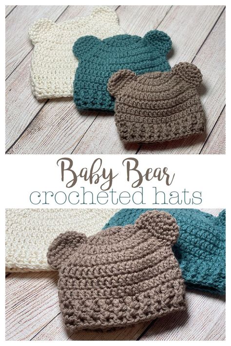 Simple crocheted baby bear hat in 3 sizes 0-3, 3-6, and 6-12. The hats are a basic double crochet hat with a post stitch ribbing and little bear ears. 12 Month Old Crochet Hat Free Pattern, Baby Hat And Booties Crochet Pattern, Crochet Baby Hats Free Pattern Boy Infants, Crochet Baby Hat With Bow, Crochet Patterns For Baby Boys, Free Easy Amigurumi Crochet Patterns, Free Baby Hat Crochet Pattern, Crochet Ideas For Babies, Crochet Infant Hats Free Pattern