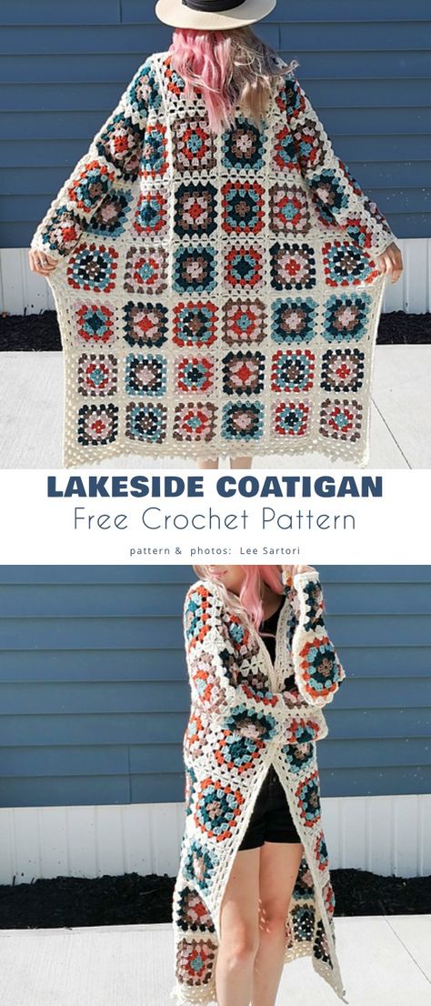 Crochet Granny Square Coat Pattern, Lakeside Cardigan Crochet, Granny Square Kimono Free Pattern, Granny Square Sweater Tutorial, Pattern For Granny Square Cardigan, Crochet Granny Square Duster Pattern Free, Granny Square Cardigan Pattern Free Sweaters & Cardigans, Crochet Square Jacket Pattern, Granny Square Crochet Patterns Free Coats & Jackets