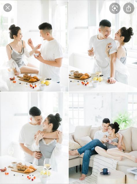 Pre Wedding At Home, Korean Prenup Photoshoot Ideas Indoor, Pre Nup Theme Ideas, Prenup Concept Ideas, Prenup Photoshoot Ideas Indoor, Home Prewedding Photo Ideas, Prewedding Home, Prewedding Indoor Ideas, Pre Nup Ideas