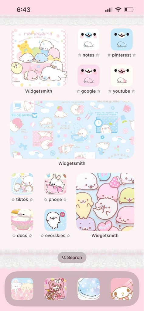 Cinamoroll Theme Phone, Phone Themes Sanrio, Kawaii Iphone Layout, Iphone Sanrio Theme, Mamegoma Wallpapers, Kawaii Homescreen, Homescreen Layout Kawaii, Kawaii Ios Homescreen, Kawaii Keyboard