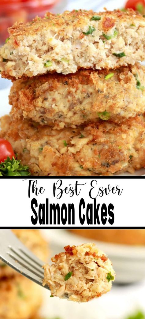 Collage of closeup shot of three salmon patties stacked atop one another at top and closeup shot of forkful of salmon patties at bottom. Canned Salmon Cakes, Old Fashioned Salmon Patties, Best Salmon Patties, Easy Salmon Cakes, Canned Salmon Patties, Salmon Patty, Salmon Cakes Recipe, Canned Salmon Recipes, Salmon Recipes Baked Healthy