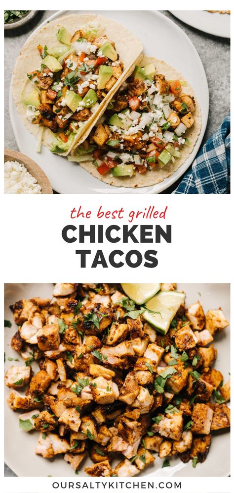 Grilled Chicken Tacos are perfect for a fast, friendly, choose-your-own-adventure weeknight dinner that's approved by picky eaters, and everyone else too! Our simple marinade is just taco seasoning, garlic, lime juice, and olive oil. Marinate 2 hours for a flavorful crust, then grill the chicken in as little as 10 minutes. Serve these American style or street style with your favorite taco toppings in grilled tortillas. Oven free dinners for the win! #chickentacos #grilledtacos #easydinner Mexican Grill Chicken Recipes, Grilled Chicken Thigh Tacos, Charred Chile Marinated Grilled Chicken Tacos, Recipe With Grilled Chicken, Grilled Chicken Tacos Recipe Easy, Blackstone Chicken Street Tacos, Marinated Chicken For Tacos, Black Stone Chicken Tacos, Chicken Tacos Grilled