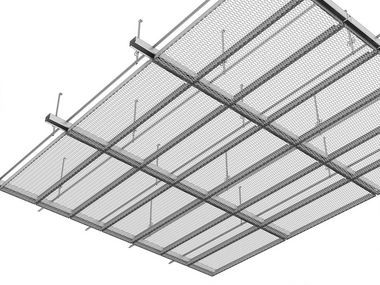 Expanded Metal Ceilings | Lindner Group Section Drawing Architecture, Mesh Ceiling, Metal Panel Ceiling, Container Project, Expanded Metal Mesh, Design Studio Workspace, Mesh Lighting, Office Ceiling, Acoustic Fabric