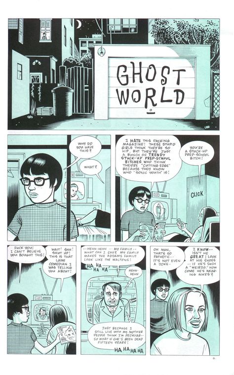 Ghost World   first page of comic   dan clowes Text Feature Anchor Chart, Daniel Clowes, Novel Study Activities, Alternative Comics, Ghost World, Nonfiction Text Features, Comic Book Pages, Comic Manga, Comic Page