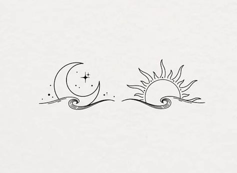 Minimal Moon Tattoo Design, Couple Tattoo Sun And Moon, Sun Moon Friendship Tattoo, Night Changes Tattoo, Sun And Moon Tattoo Matching Couple, Moon And Sun Tattoo Best Friend, Sun And Moon Tattoo Matching Best Friends, Moon And Sun Tattoo Designs, Matching Tattoos Sun And Moon